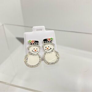 Snowman Silver-Tone White Enamel Rhinestone Pierced Earrings